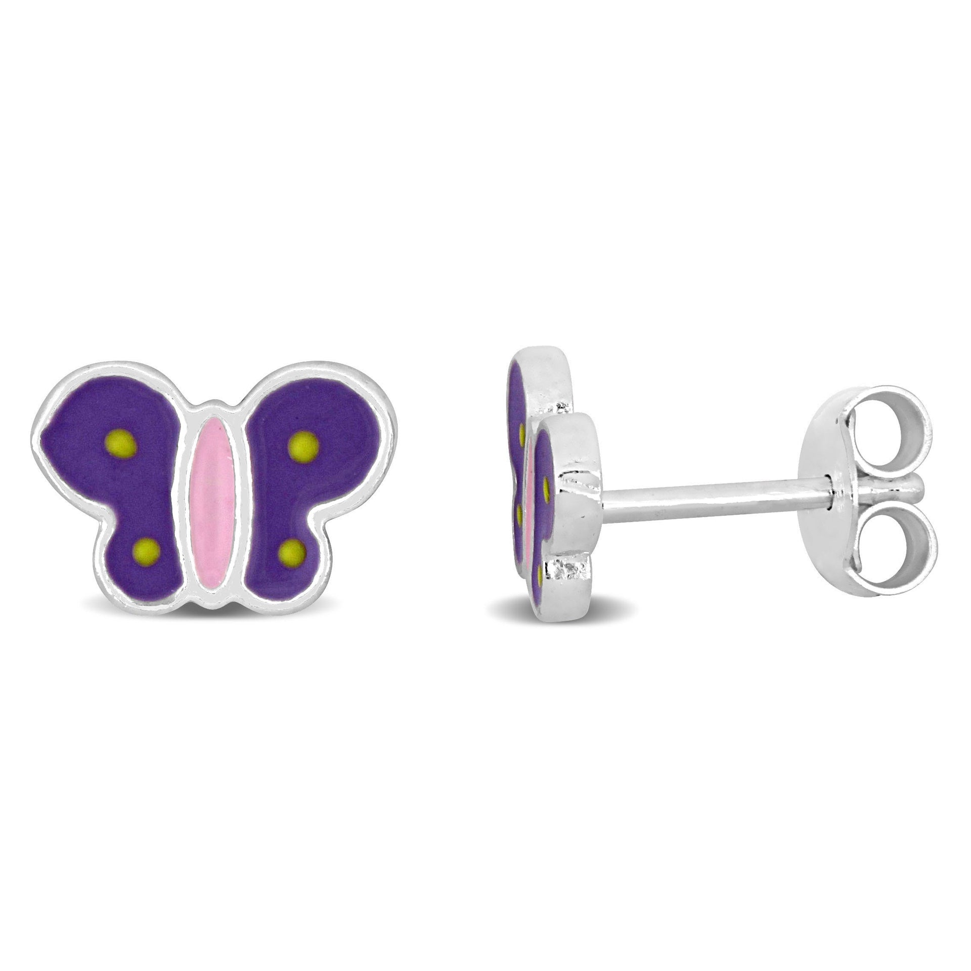 Mimi & Max Purple and Pink Enamel Butterfly Stud Earrings in Sterling Silver