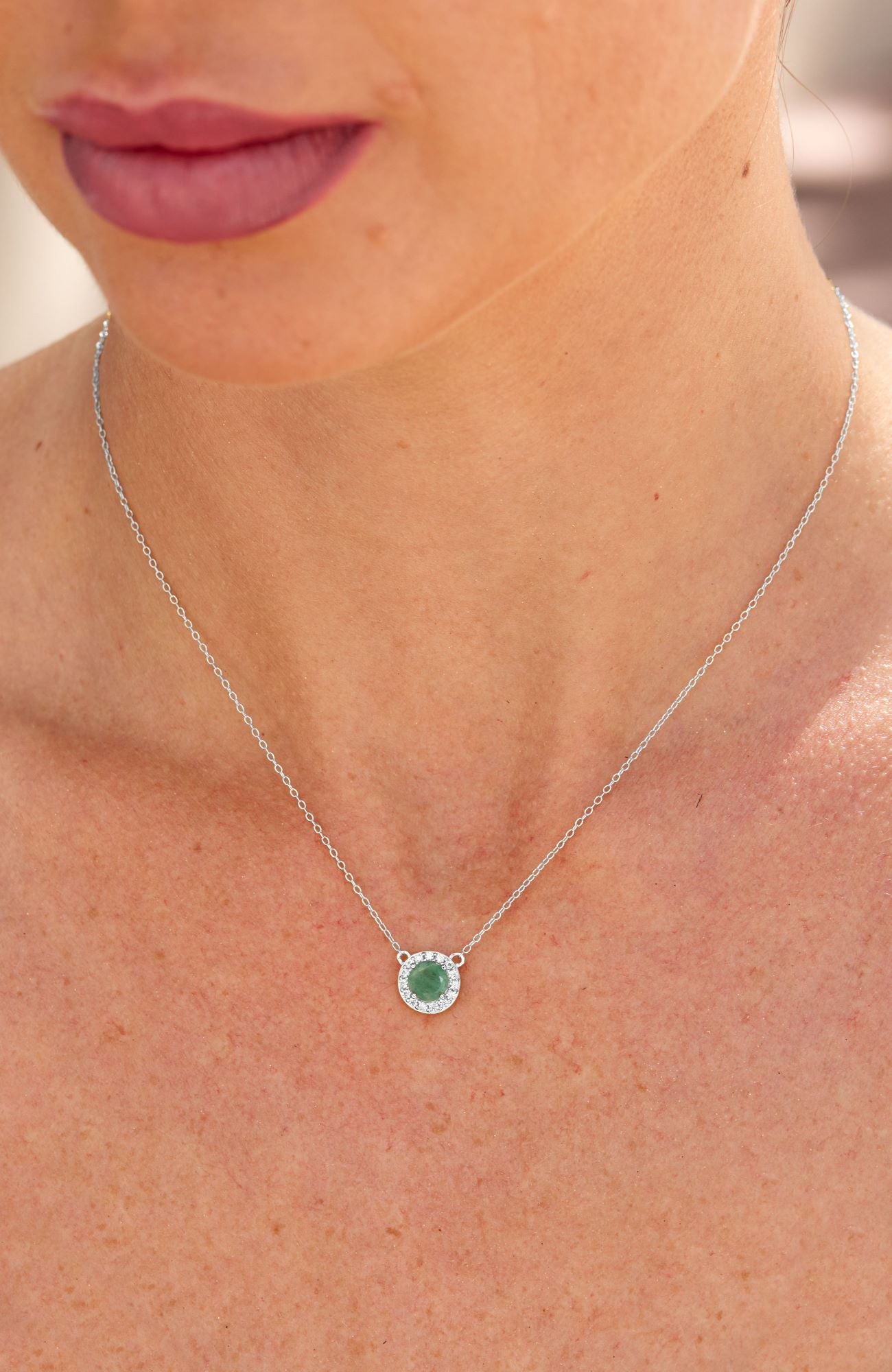 STERLING SILVER NATURAL EMERALD AND WHITE CZ PENDANT NECKLACE