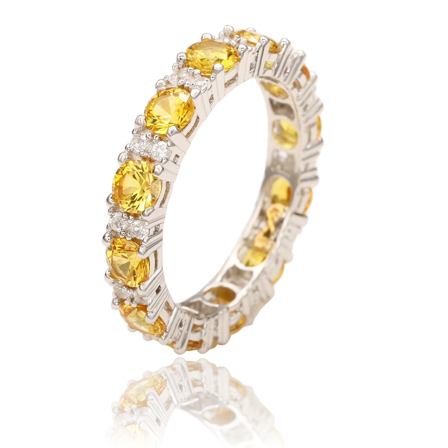 Suzy Levian Sterling Silver Round Cut Yellow Sapphire and Diamond Accent Eternity Band