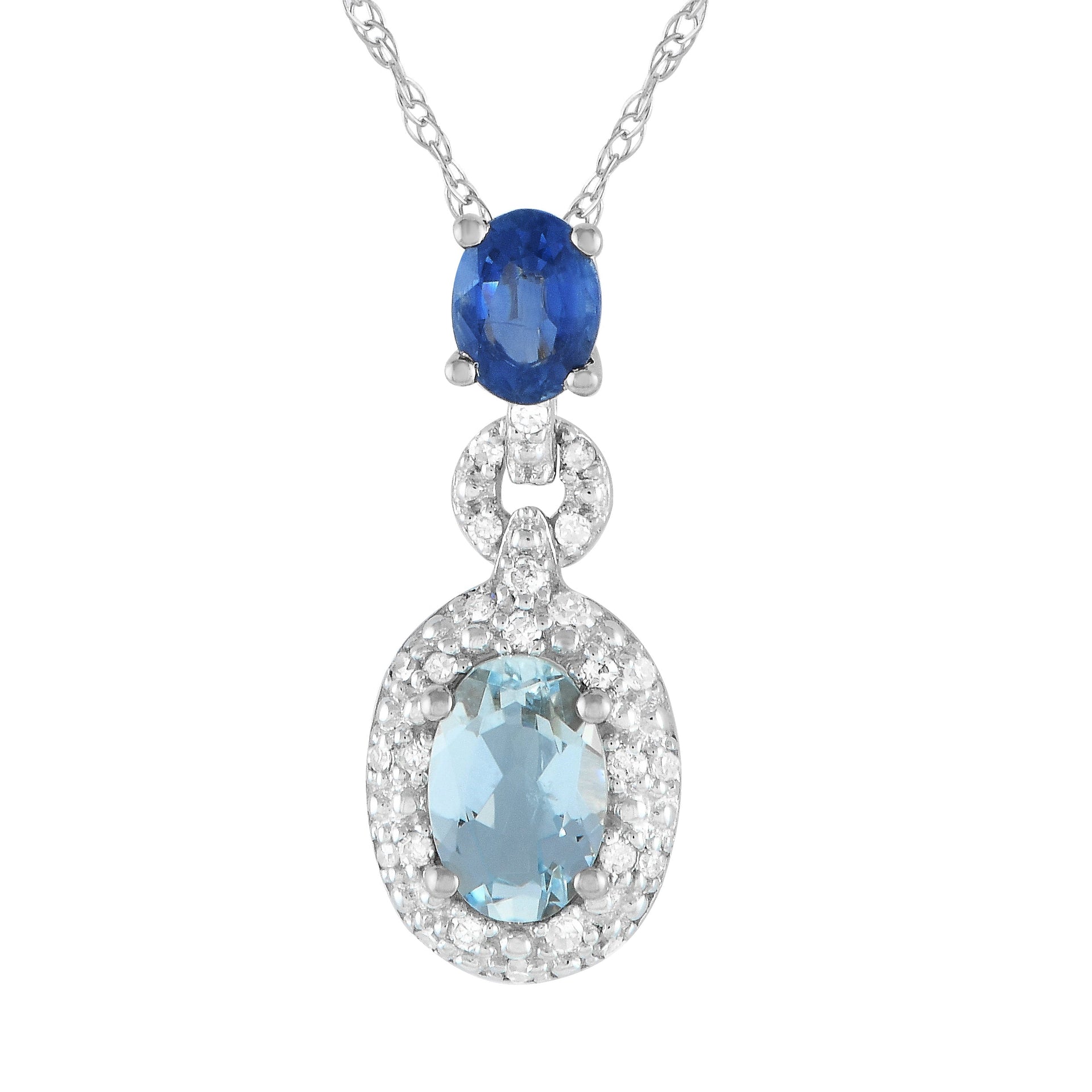 LB Exclusive 14K White Gold 0.08ct Diamond, Aquamarine, and Sapphire Pendant Necklace PD4-16183WAQSA