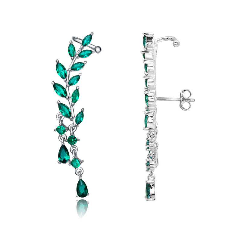 Sterling Silver With Rhodium Plated And Emerald Cubic Zirconia Stud Earrings