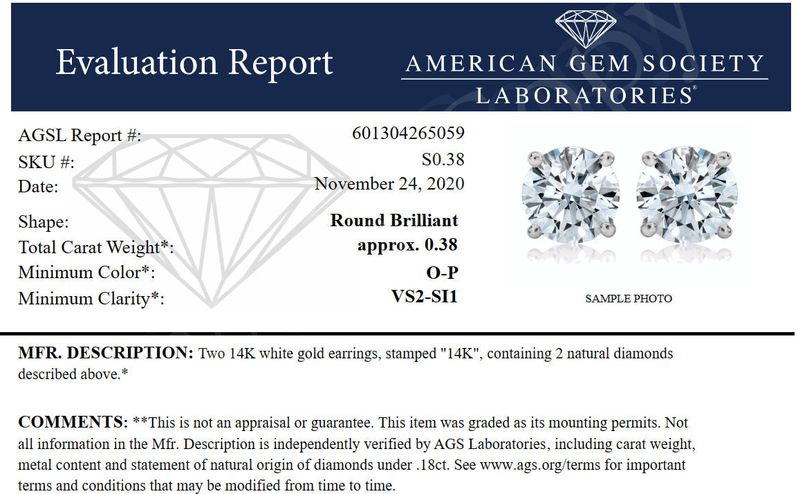 3/8 cttw VS2-SI1 Certified Diamond Stud Earrings 14K White Gold with Screw Backs