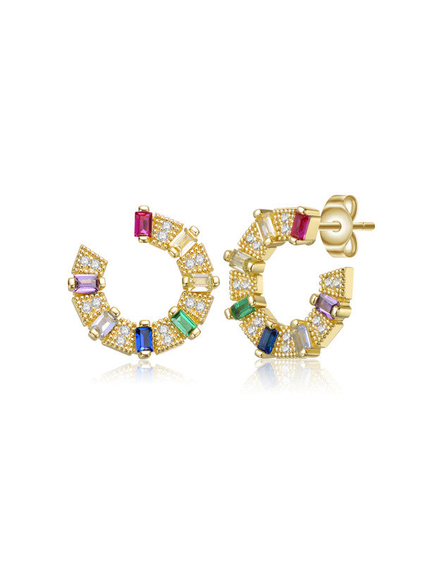 Sterling Silver 14k Gold Plated With Colored Cubic Zirconia Front-facing C-hoop Earrings