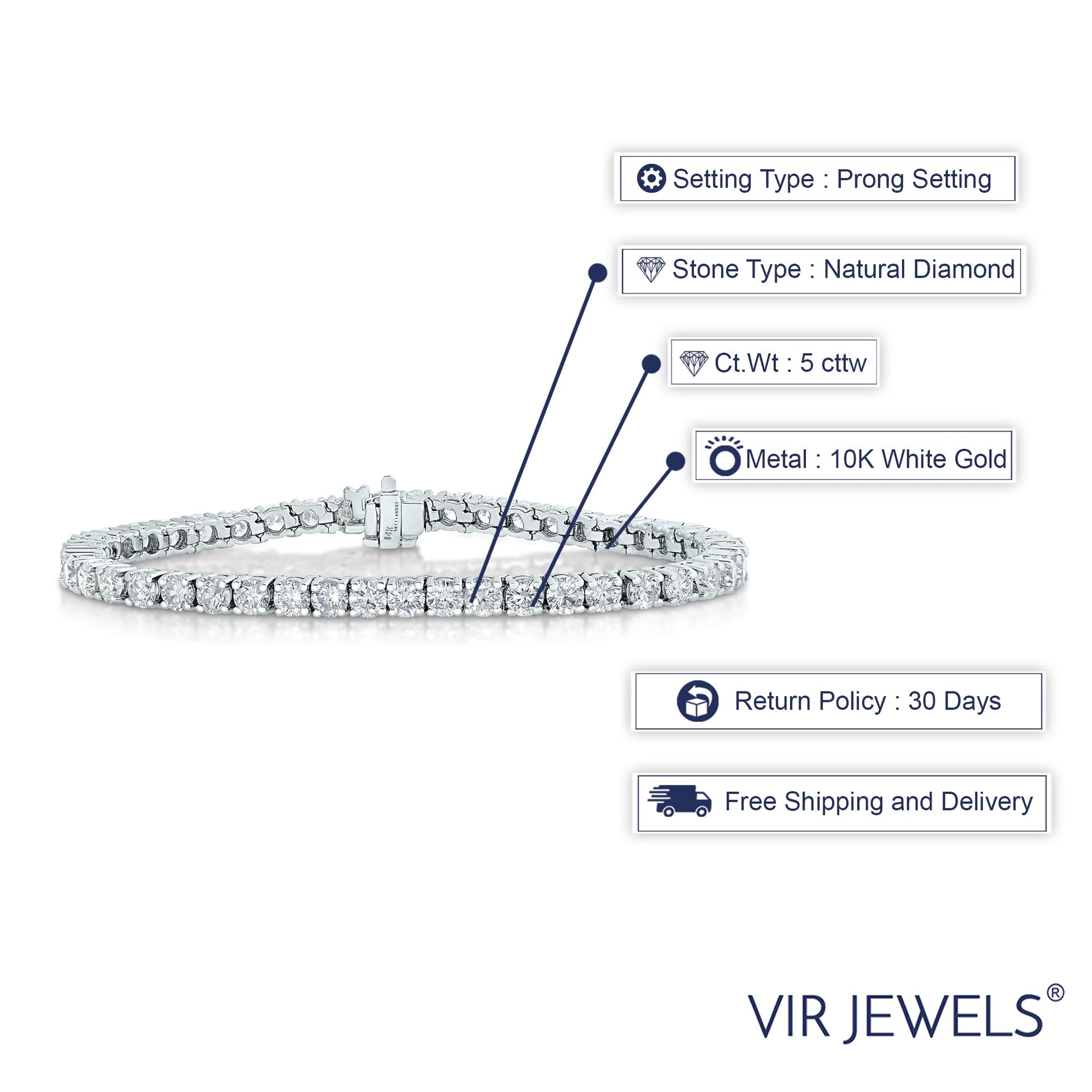 5 cttw Diamond Tennis Bracelet 10K White Gold Round Prong Set 7 Inch