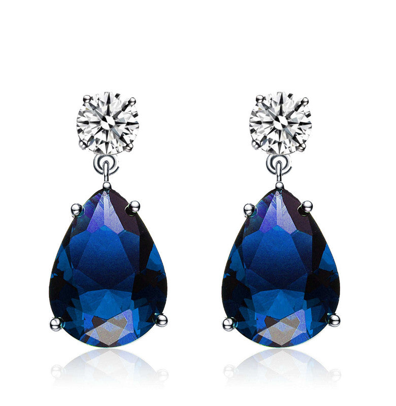 C.z. Sterling Silver Rhodium Plated Large Sapphire Pear Shape Drop Earrings