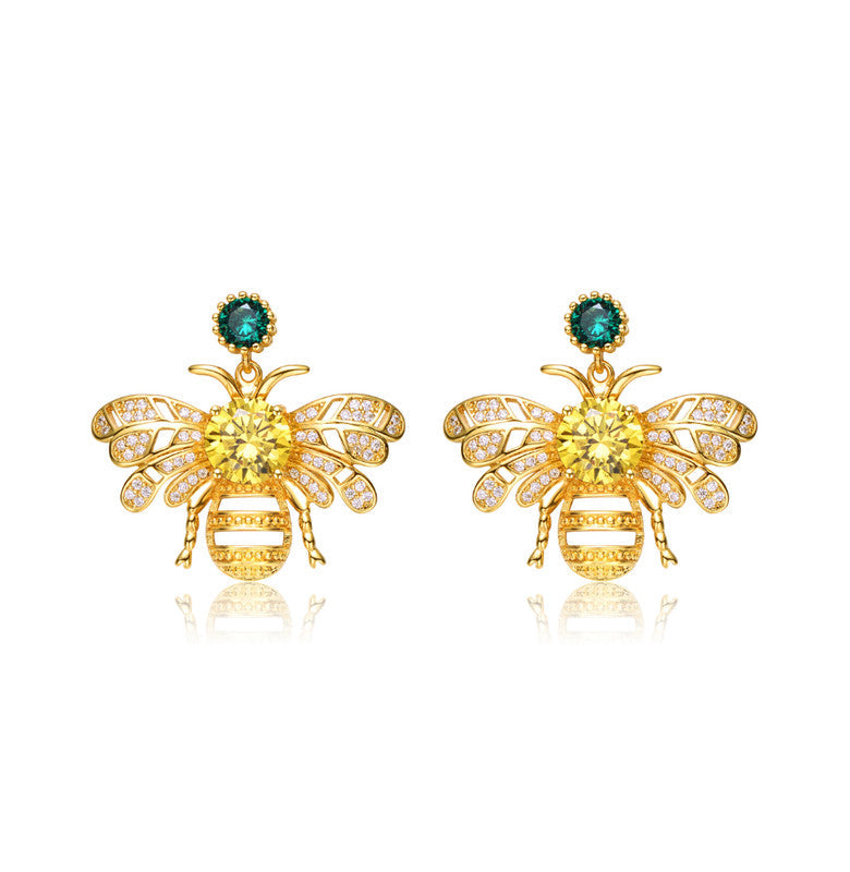 Sterling Silver 14K Gold Plated with Emerald Green Cubic Zirconia Bee Stud Earrings