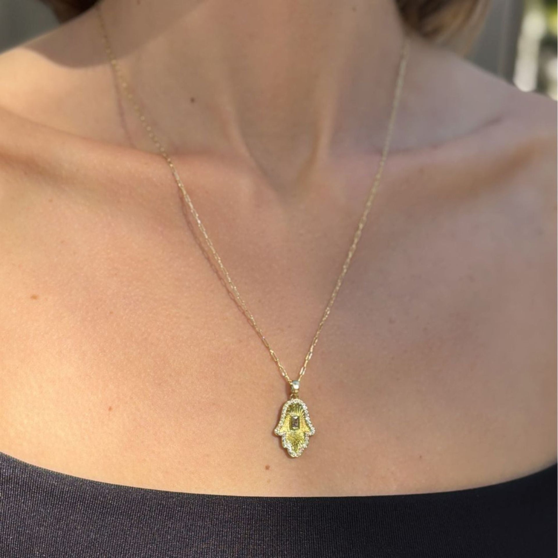 14k Gold Plated Baguette Stone Hamsa Necklace
