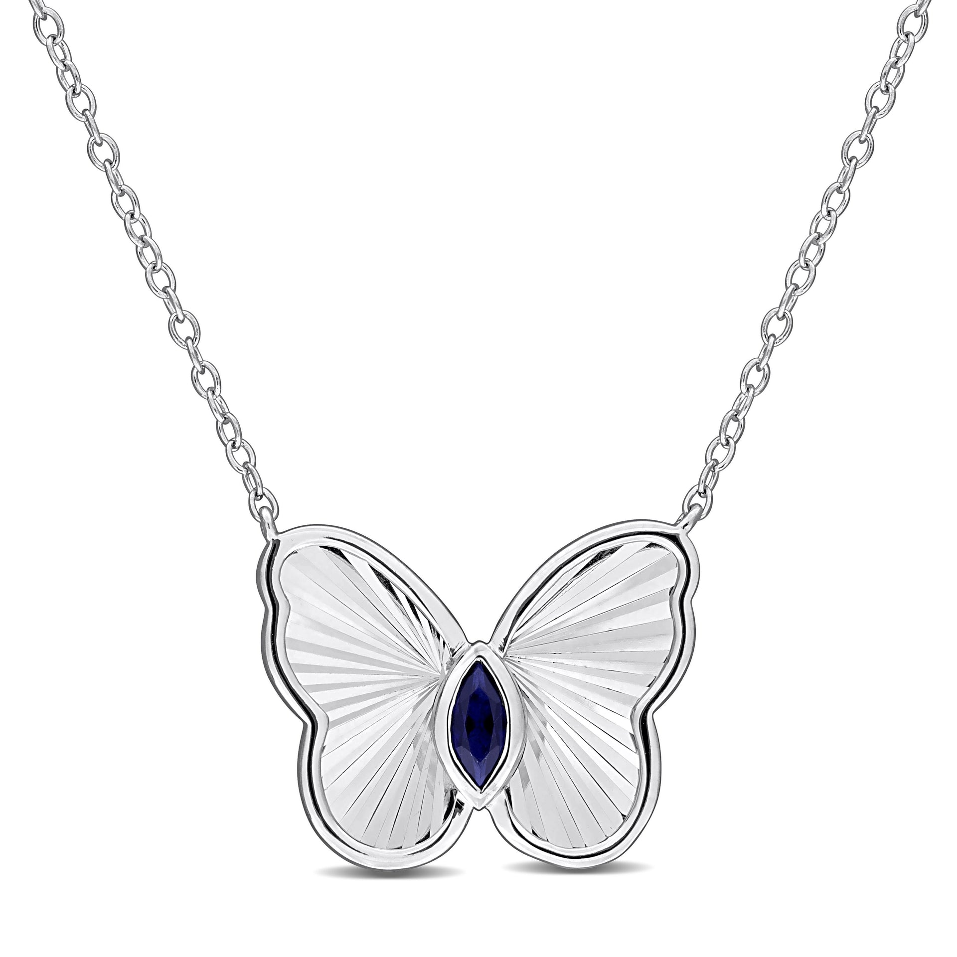 Mimi & Max 1/6ct Marquise-Cut Created Blue Sapphire Butterfly Necklace Sterling Silver