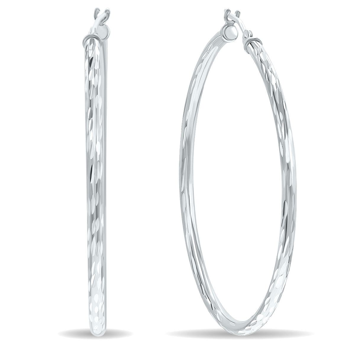 10K White Gold Shiny Diamond Cut Engraved Hoop Earrings 40mm