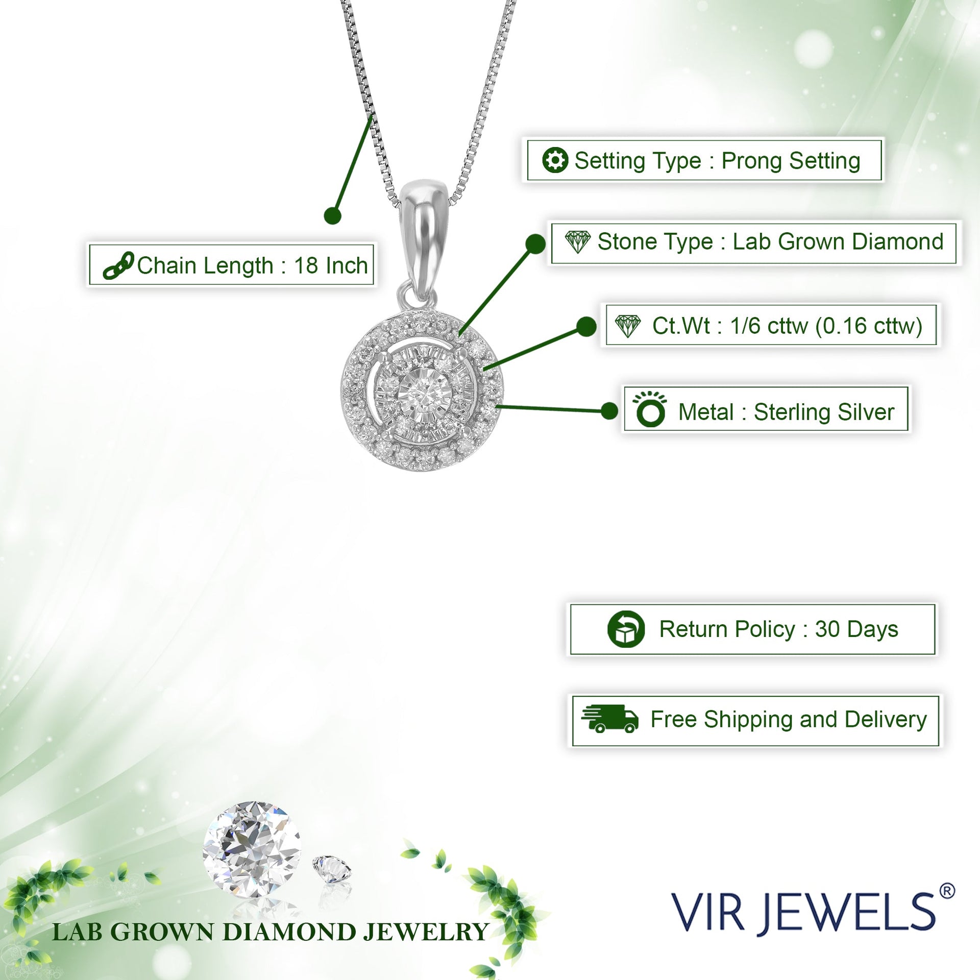 1/6 cttw Lab Grown Diamond Pendant Necklace .925 Sterling Silver 1/3 Inch With 18 Inch Chain