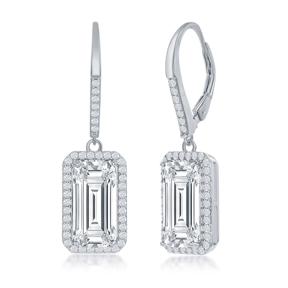 Sterling Silver Emerald-Cut CZ with Halo Earrings