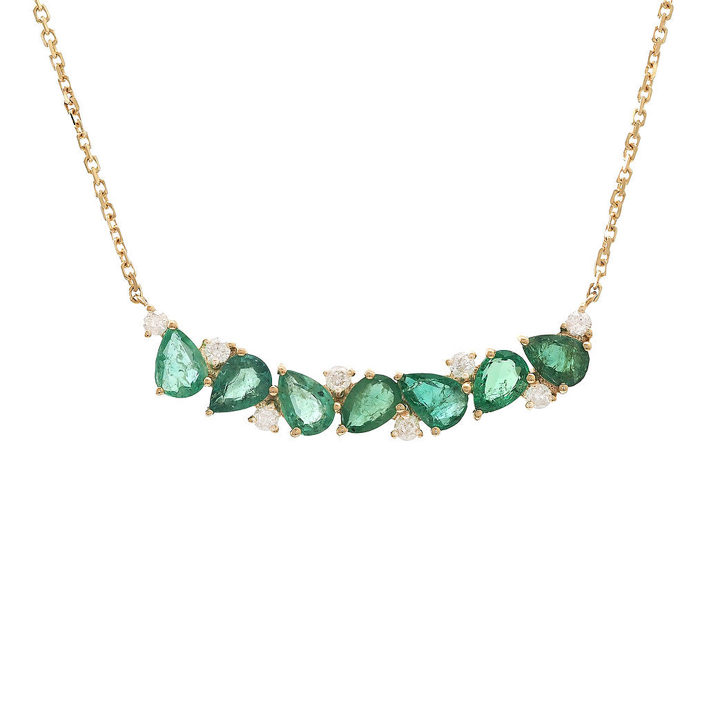 Gold Diamond and Emerald Curved Bar Necklace