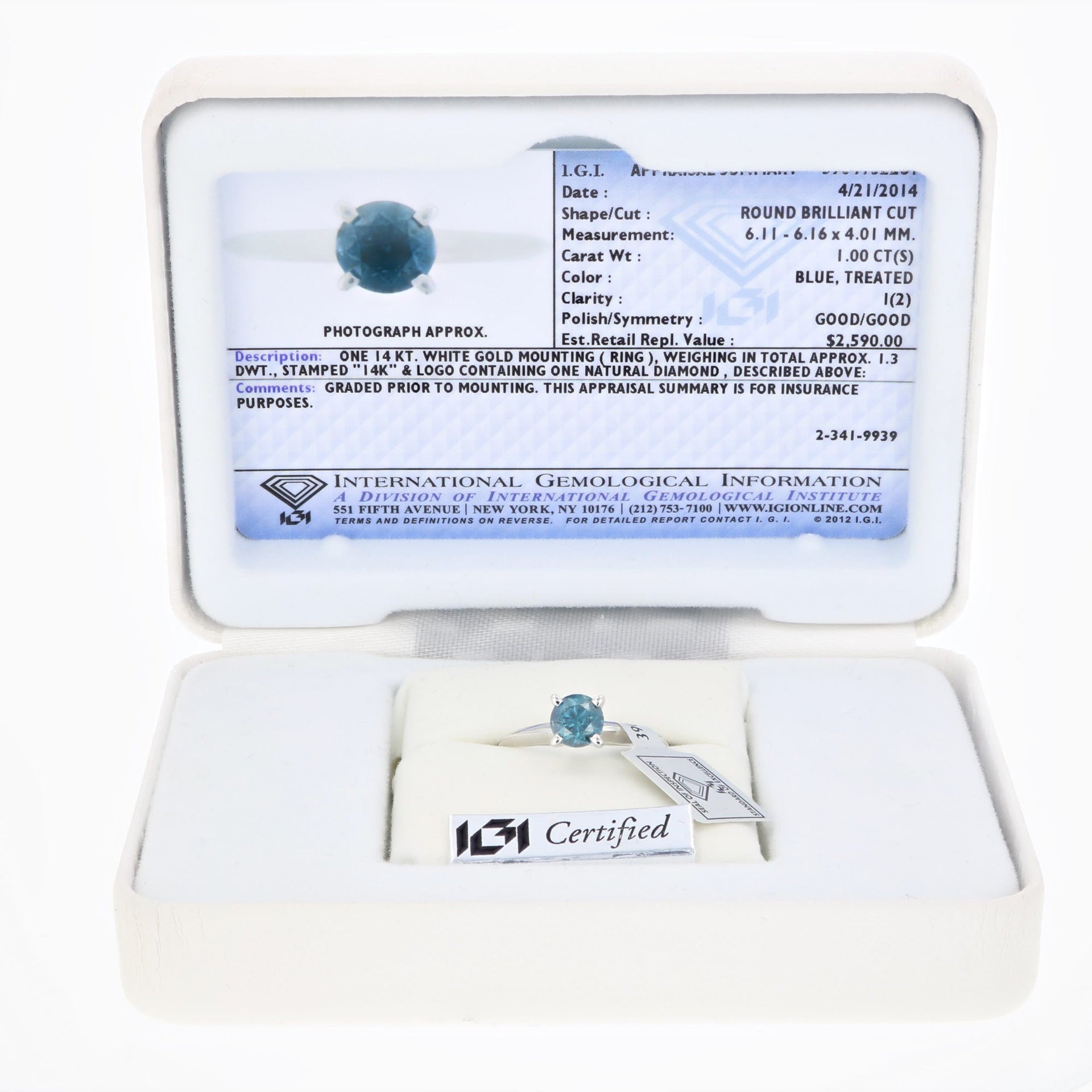 1 cttw IGI Certified I1 Clarity Blue Diamond Solitaire Ring 14K White Gold