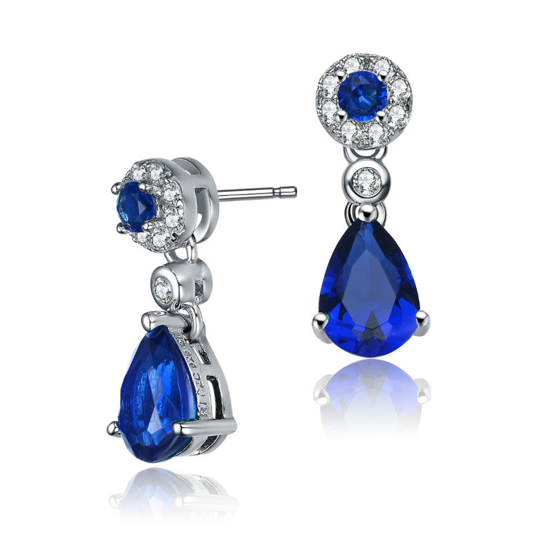 Genevive Jewelry Sterling Silver Sapphire Cubic Zirconia Halo Drop Earrings