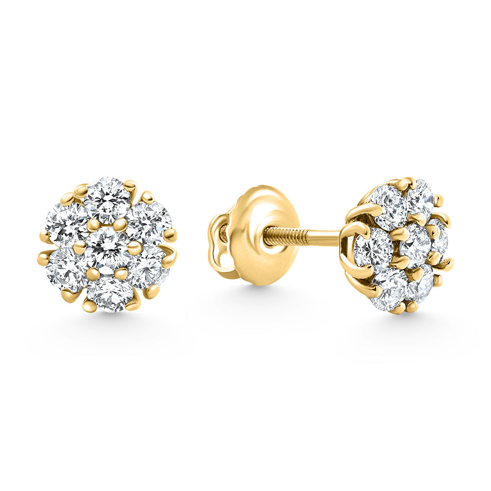 3/4Ct Diamond Cluster 7-Stone Pave Studs Screwback Earrings 14k Gold Lab Grown