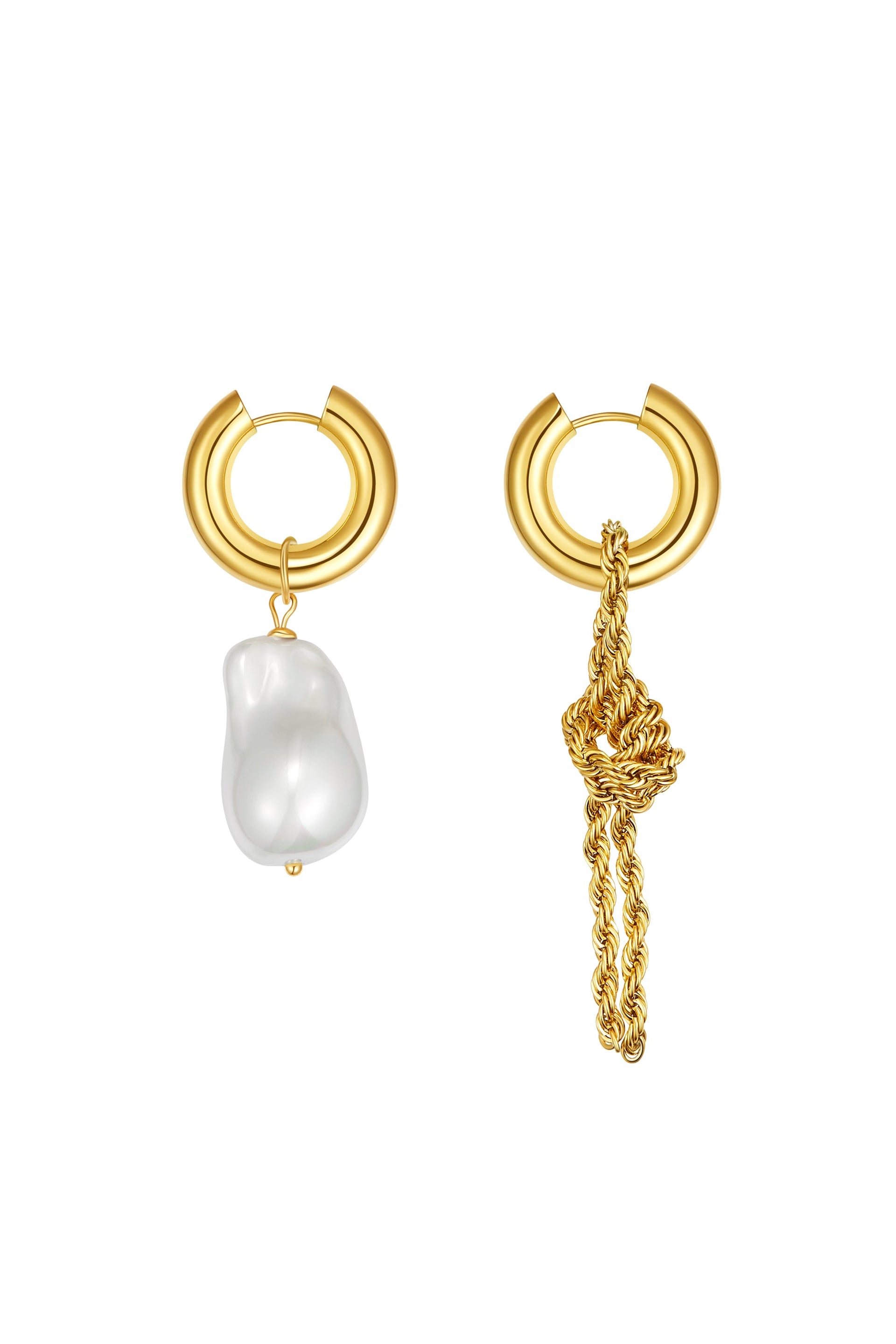 Unique Asymmetrical Gold Rope Chain Baroque Pearl Drop Earrings