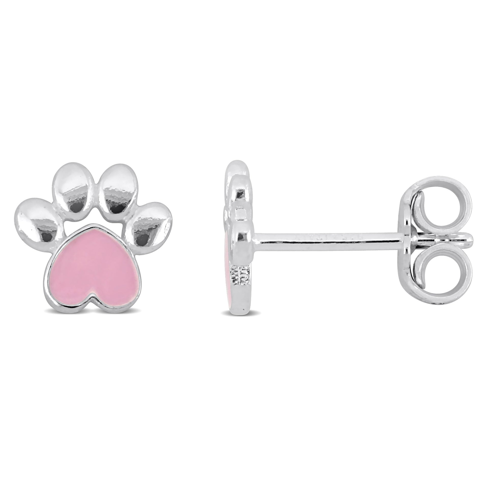 Mimi & Max Pink Enamel Paw Stud Earrings in Sterling Silver