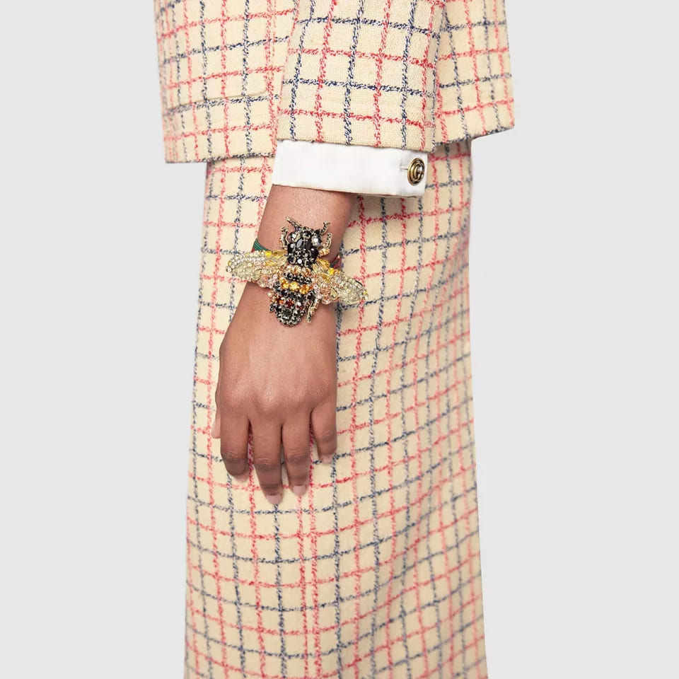 Gucci Crystal Bee Bracelet W/tiger Head and Grg Elastic Band