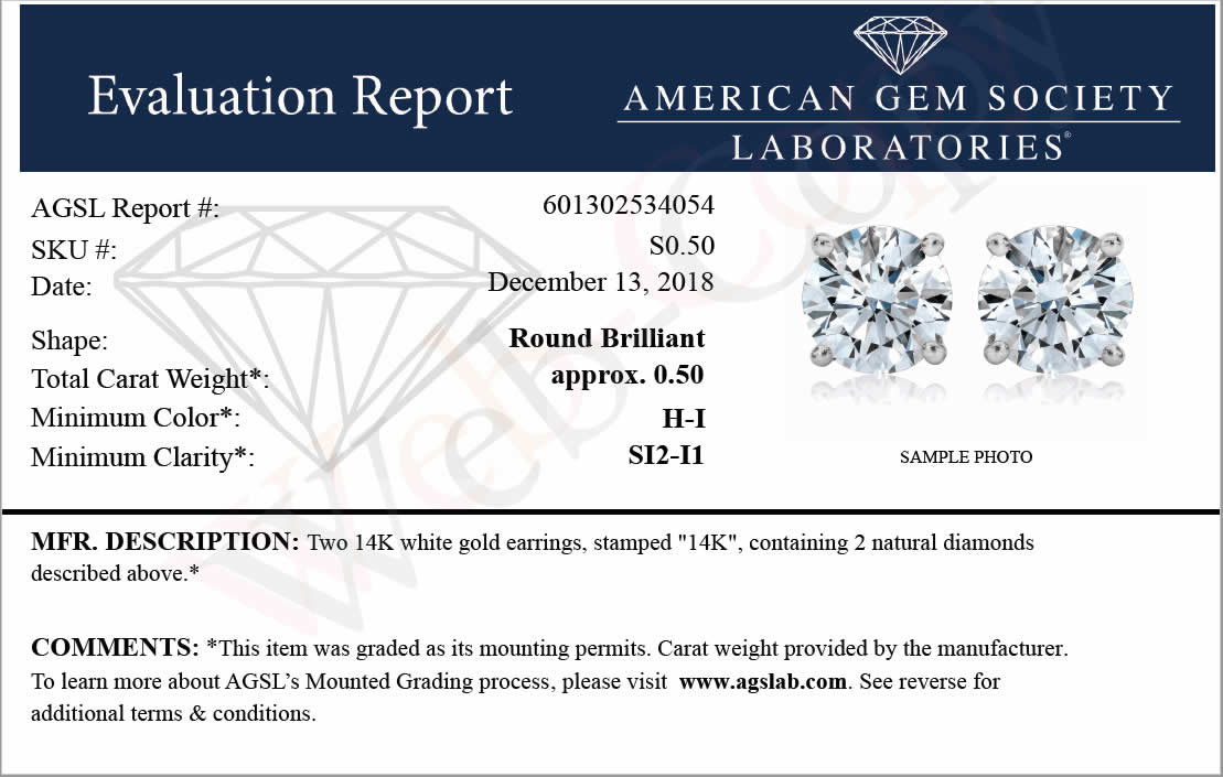1/2 cttw SI2-I1 Certified Diamond Stud Earrings 14K White or Yellow Gold Round with Screw Backs