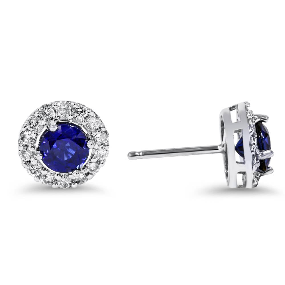2 CT Halo Diamond Blue Sapphire Studs 14K White Gold (Not Enhanced)