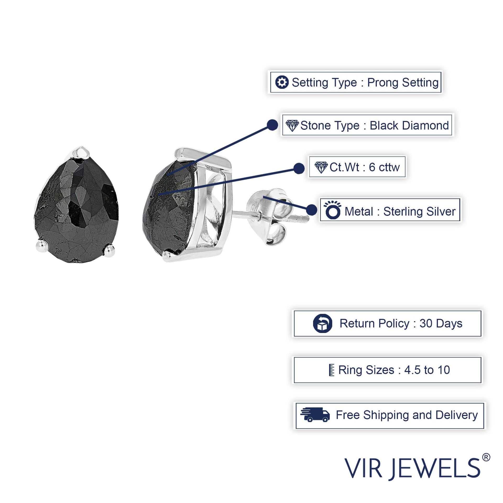 6 cttw Pear Shape Black Diamond Stud Earrings .925 Sterling Silver Prong Set