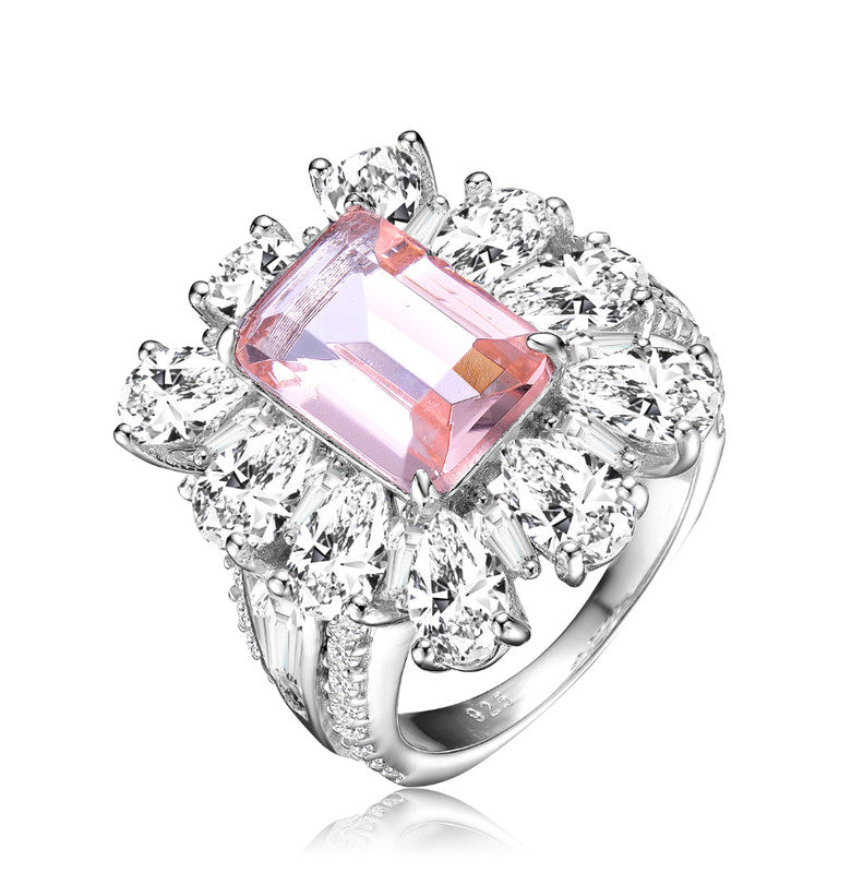 GENEVIVE Sterling Silver Morganite Cubic Zirconia Halo Cocktail Ring
