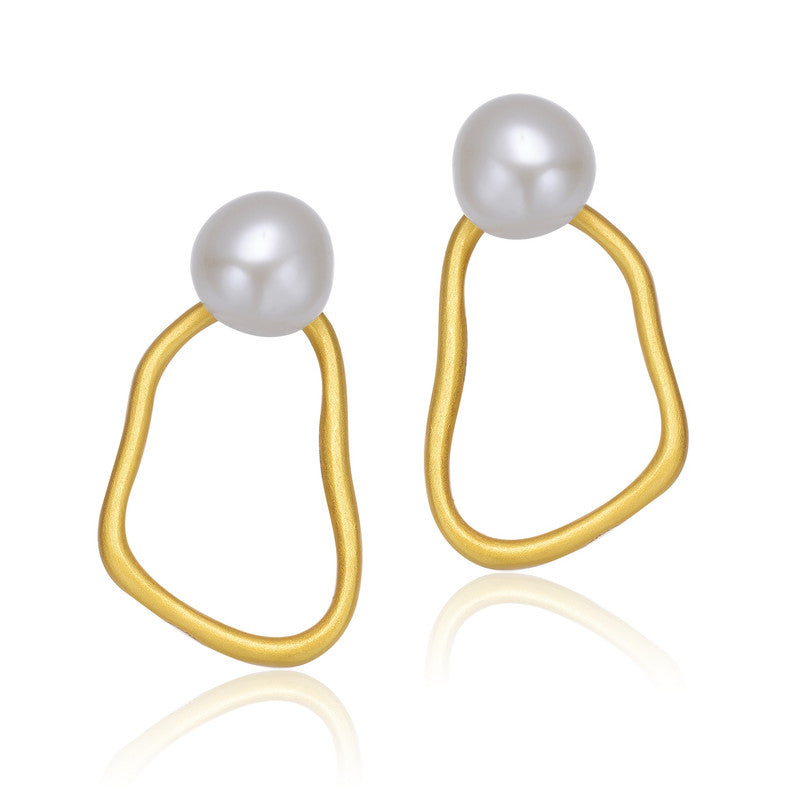 Sterling Silver Gold Plated Freshwater Round Pearl Drop Earrings