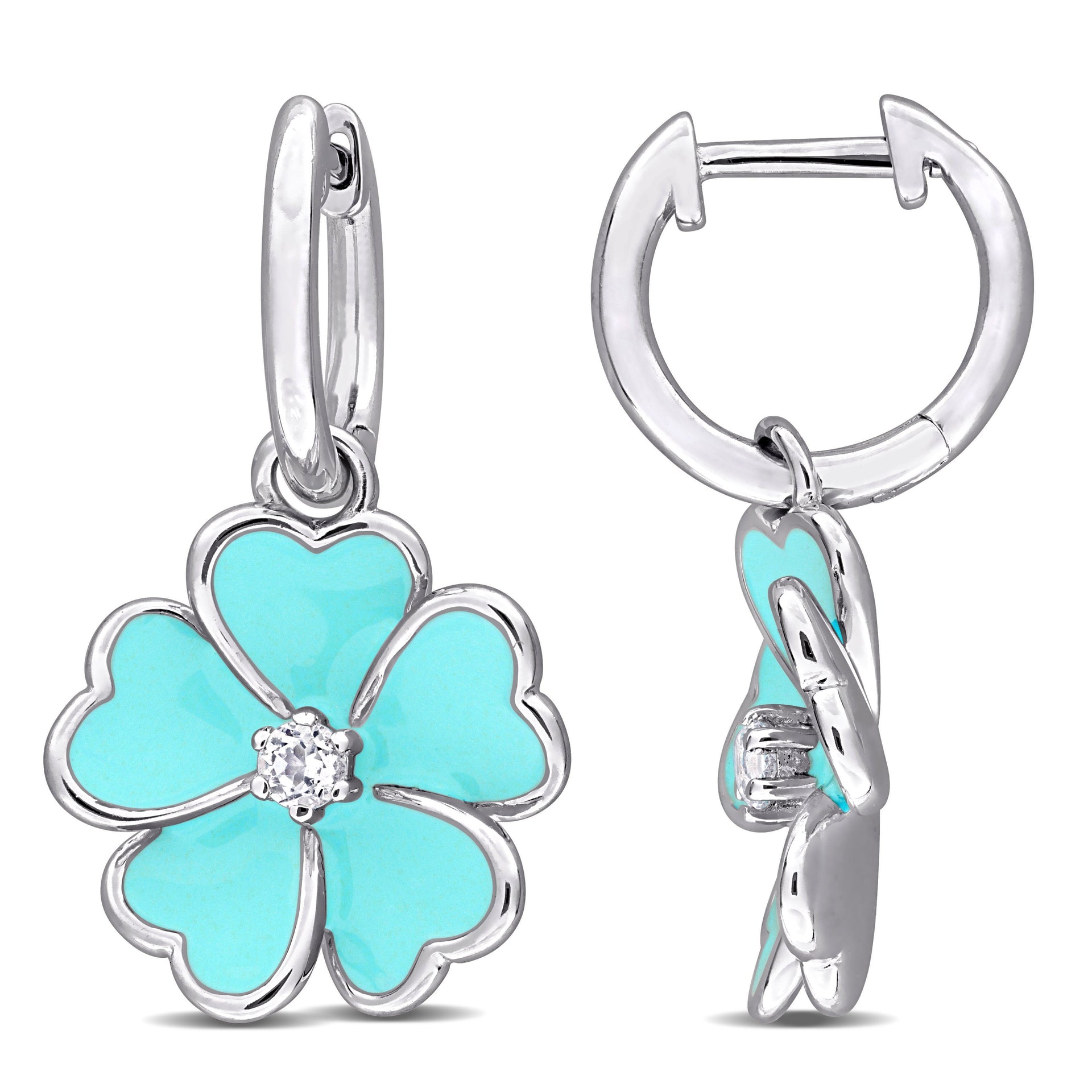 Mimi & Max 1/6ct TGW White Topaz Light Blue Enamel Plated Flower Hoop Earrings Sterling Silver