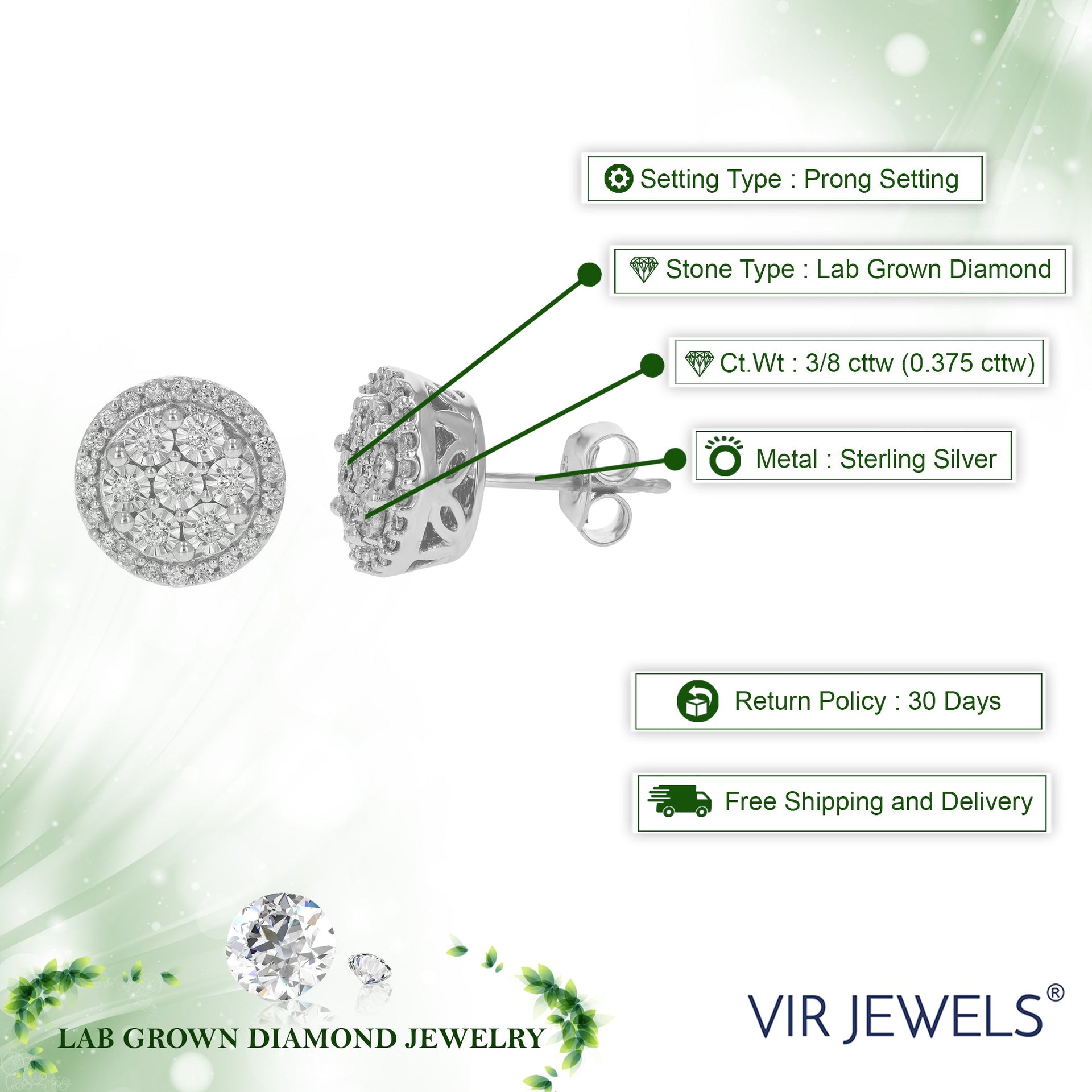 3/8 cttw Lab Grown Diamond Stud Earrings Made In 925 Sterling Silver Round Cut Prong Setting