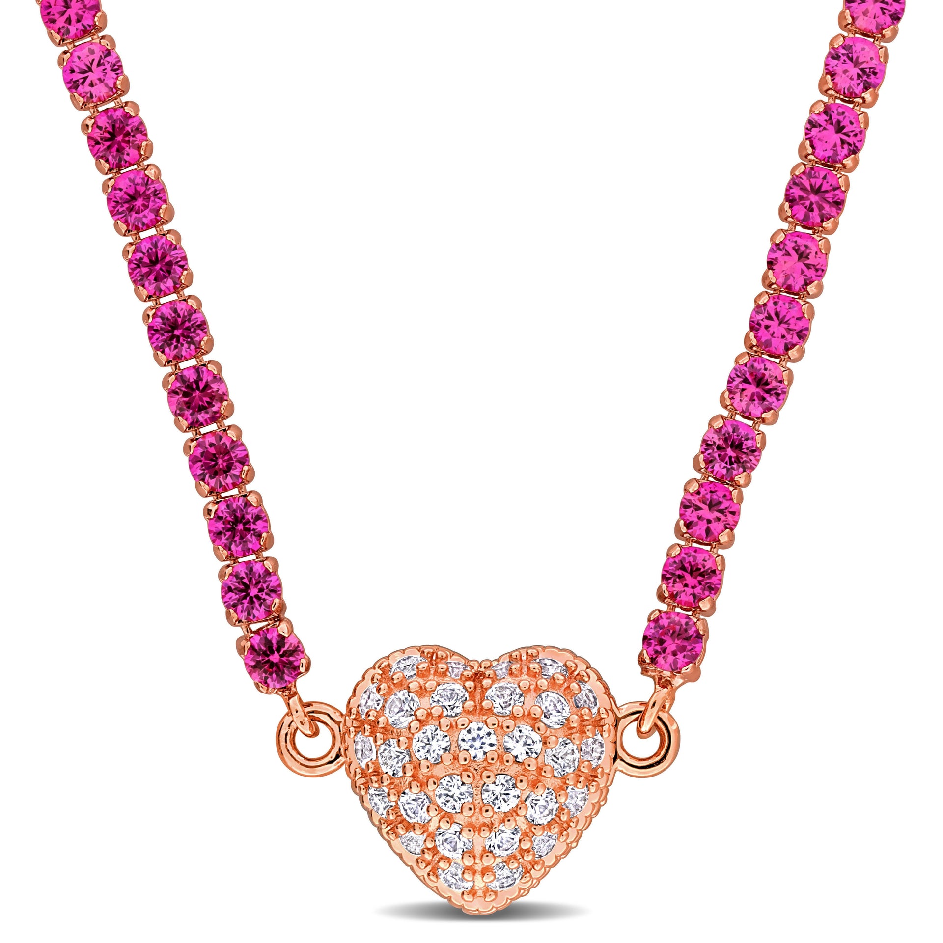 Mimi & Max 17 1/2 CT TGW Created Pink Created White Sapphire Heart Necklace Rose Silver-17 in
