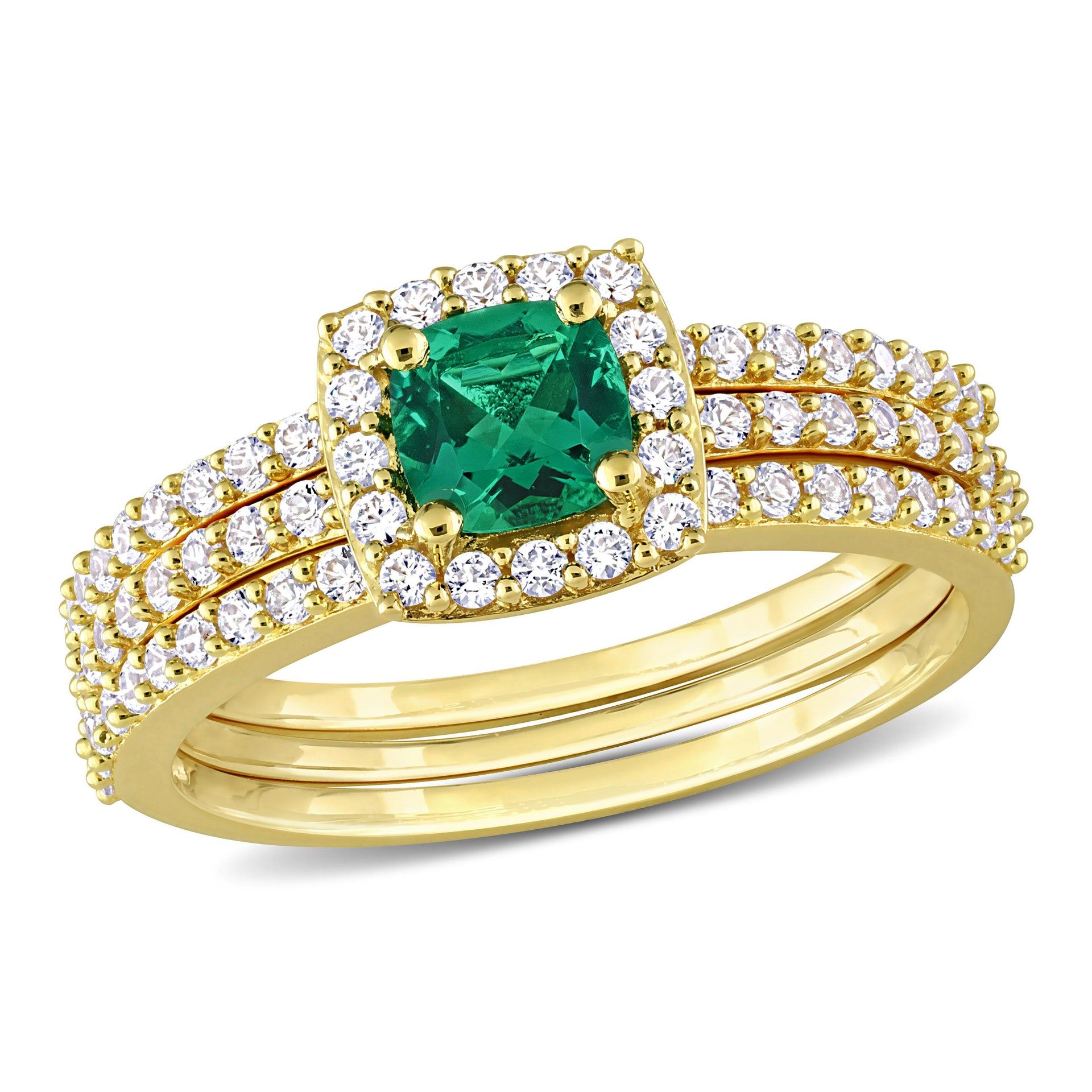 1 1/2 ct TW Created Emerald and Created White Sapphire Bridal Three-Ring Set in Yellow Silver