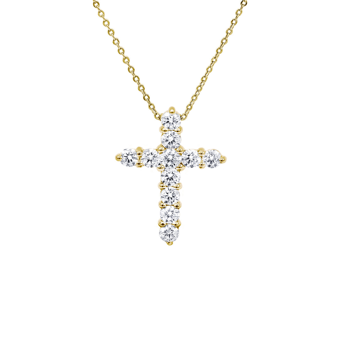 18KT yellow GOLD DIAMOND CROSS PENDANT, FEATURES 0.71CT OF 11 RD DIAMONDS.