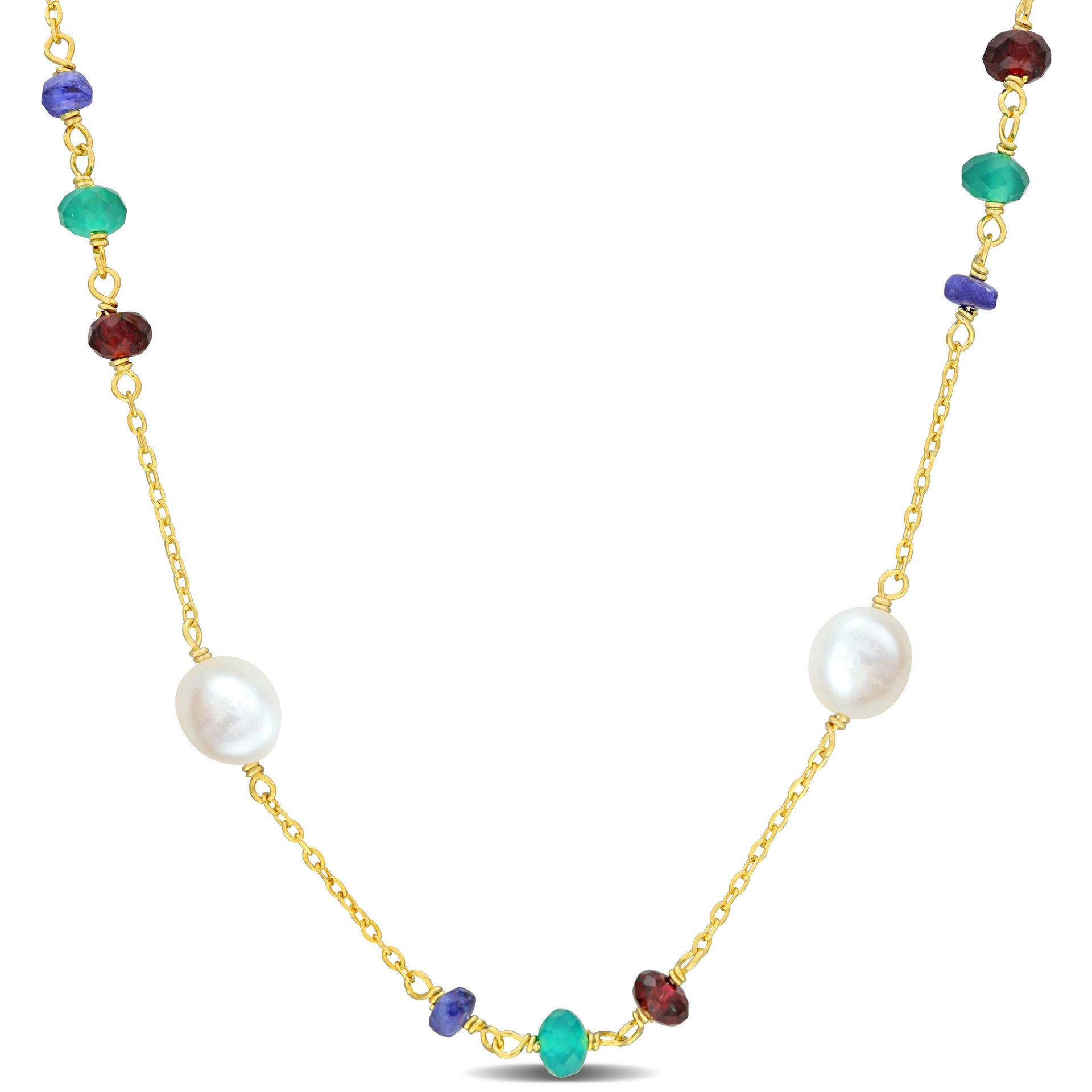 Mimi & Max 2 1/2ct TGW Blue Sapphire Garnet Green Onyx Beads and 5-6.5mm Cultured Freshwater Pearl Necklace in Yellow Siilver - 17+2 in.