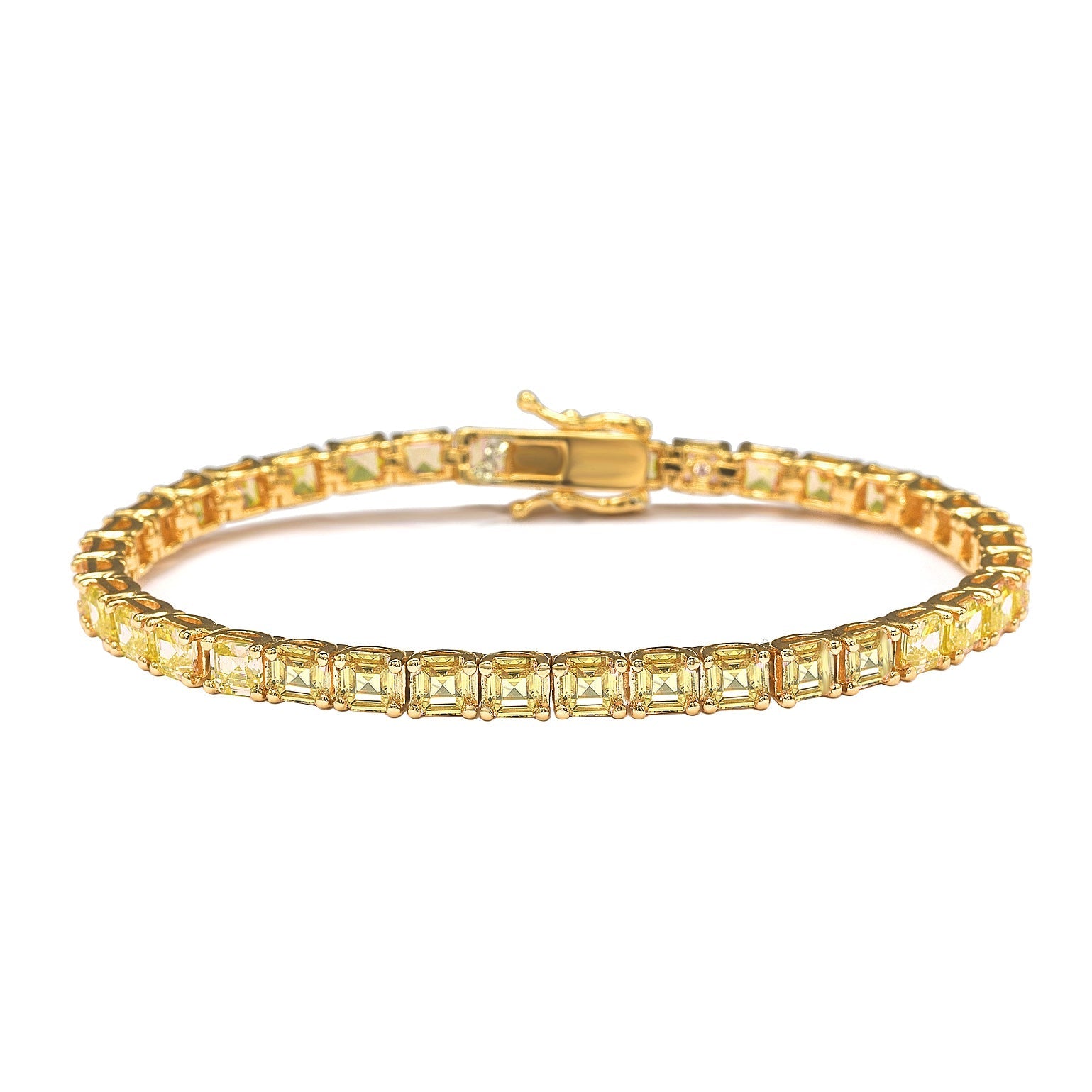 Suzy Levian Golden Sterling Silver Yellow Assher Cut Cubic Zirconia Tennis Bracelet