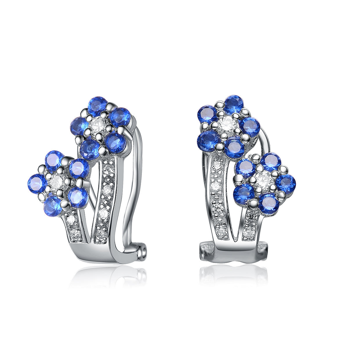 Sterling Silver Sapphire Cubic Zirconia Flower Shape Earrings