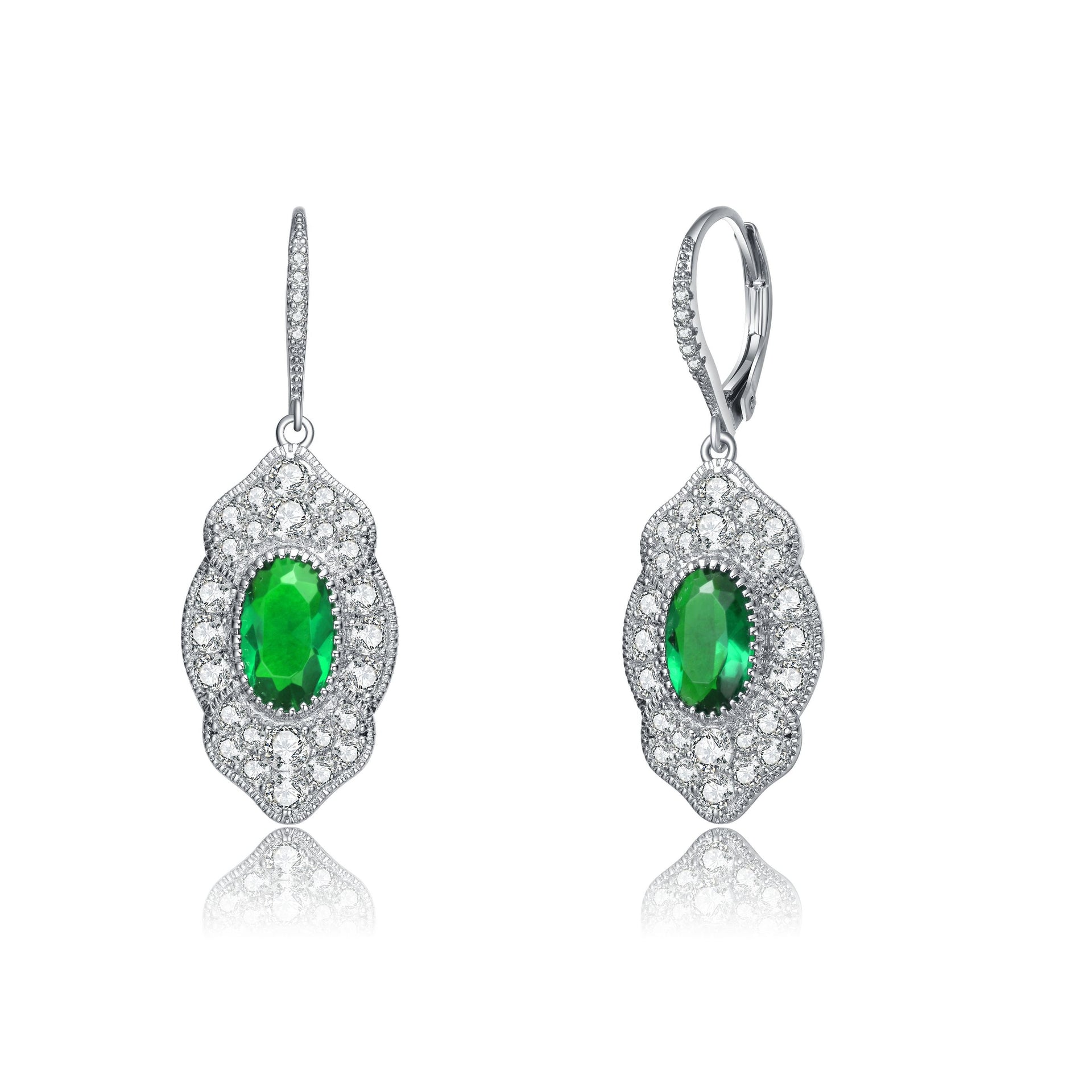 Sterling Silver Emerald Cubic Zirconia Pave Drop Earrings