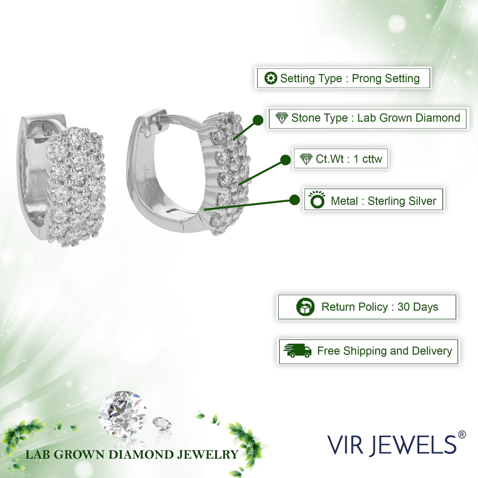 1 cttw Round Lab Grown Diamond hoop earrings .925 Sterling Silver Prong Set