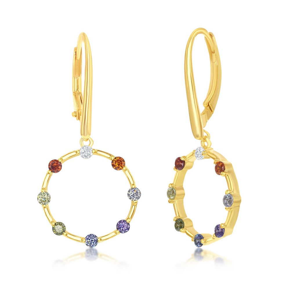 Sterling Silver Rainbow CZ Open Circle Dangle Earrings - Gold Plated