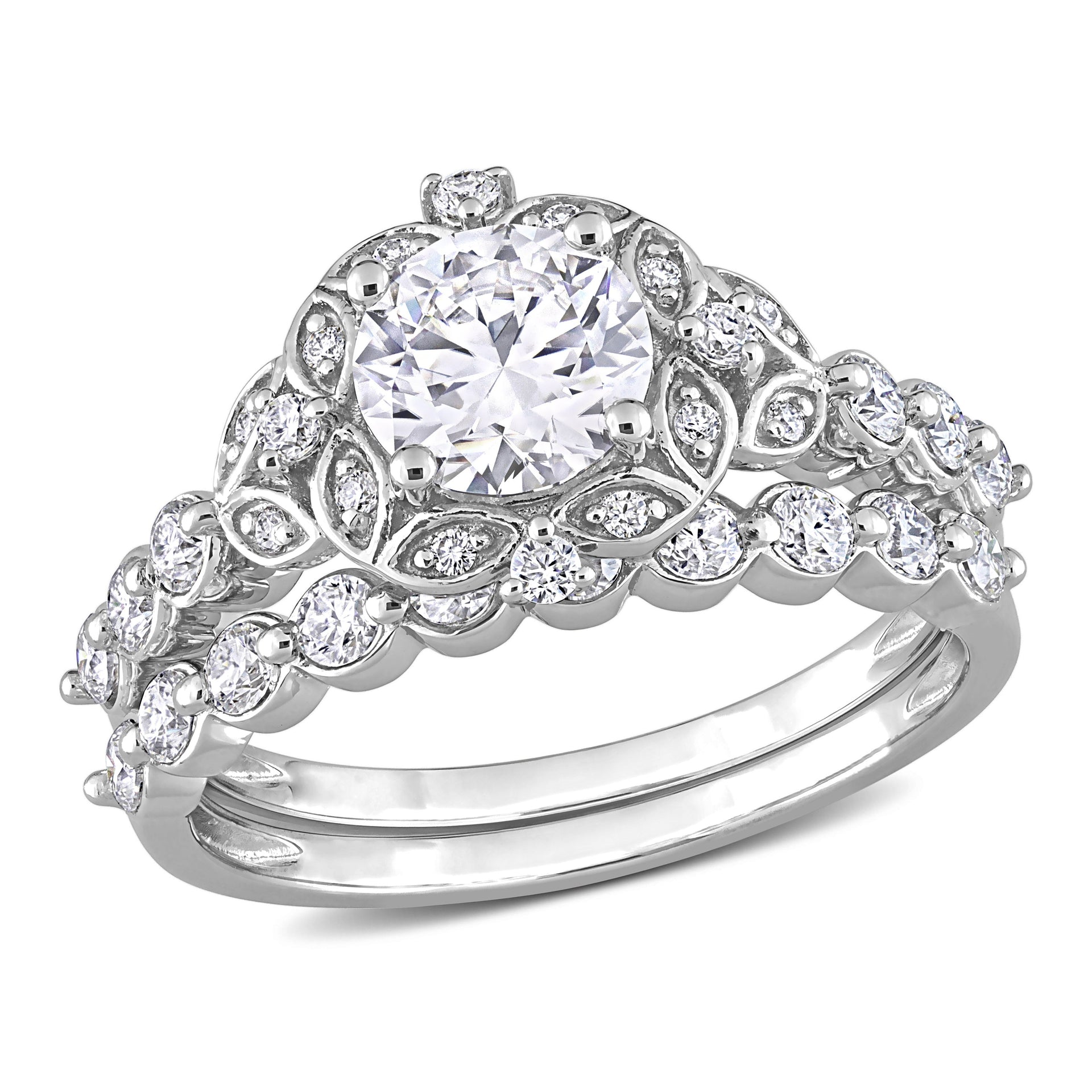 1 3/5ct DEW Created Moissanite Halo Bridal Ring Set in Sterling Silver