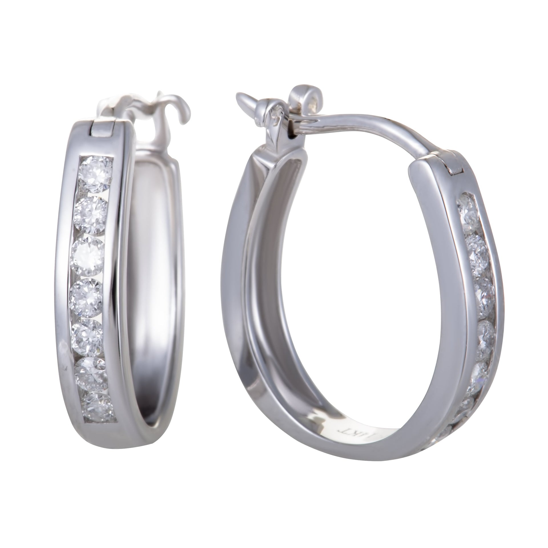14K White Gold Oval Channel Set Diamond Hoop Huggies Earrings .33 Carat (0.33 ctw) Diamonds