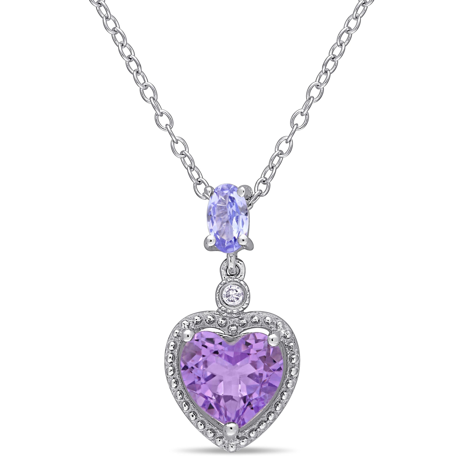 Diamond, Tanzanite, and Heart Shaped Amethyst Necklace in Sterling Silver