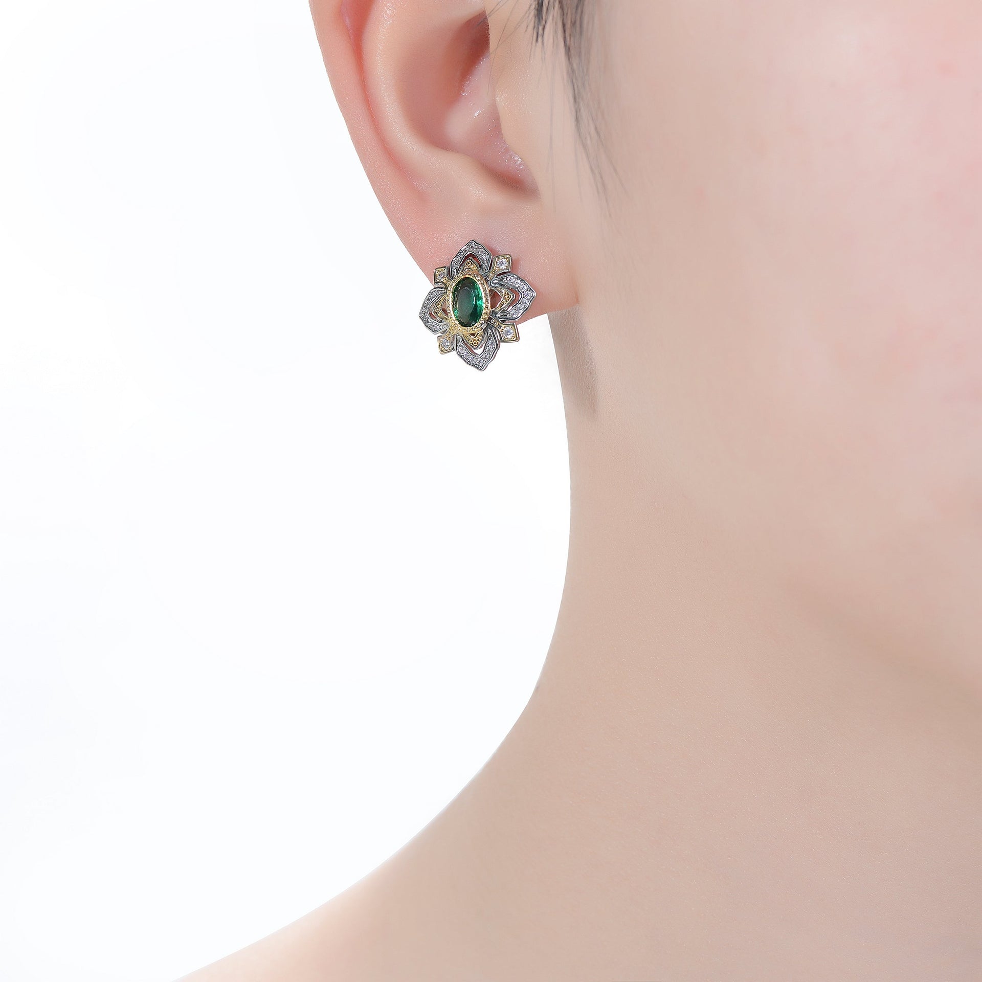 Rhodium And 14k Gold Plated Emerald Cubic Zirconia Stud Earrings