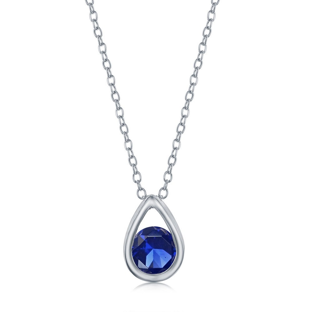 Sterling Silver Pearshaped Necklace w/Round 'September Birthstone' - Sapphire