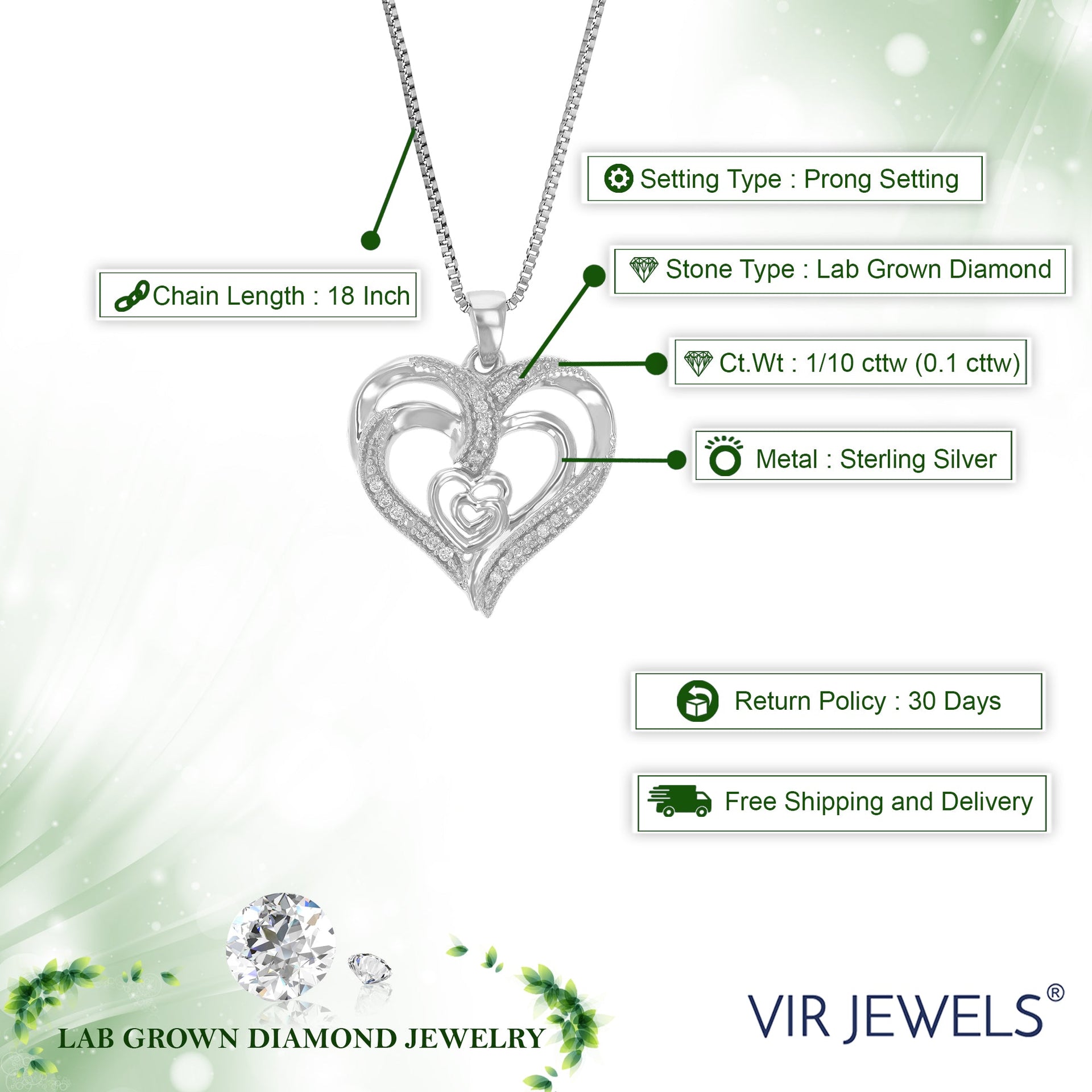 1/10 cttw Lab Grown Round Diamond Heart Pendant Necklace .925 Sterling Silver For Women 3/4 Inch With 18 Inch Chain
