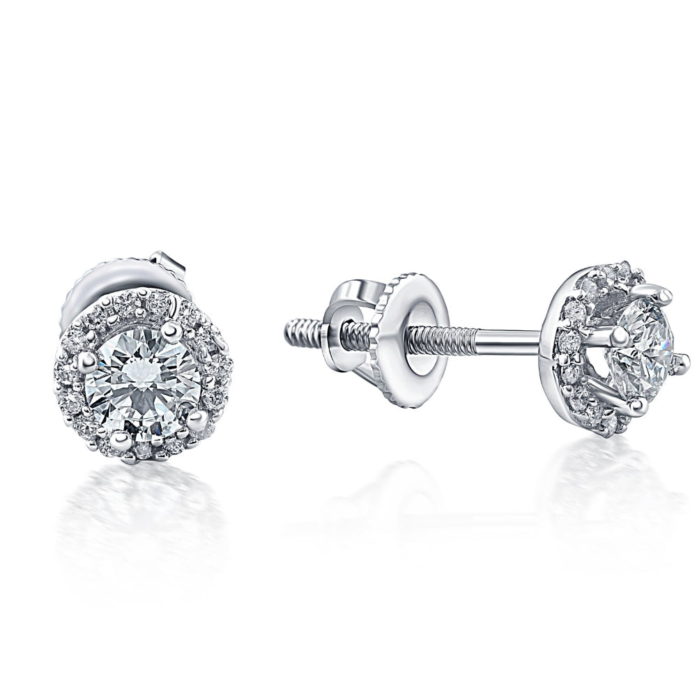 1/2 CT Diamond Halo Round Brilliant Cut Studs 10k White Gold