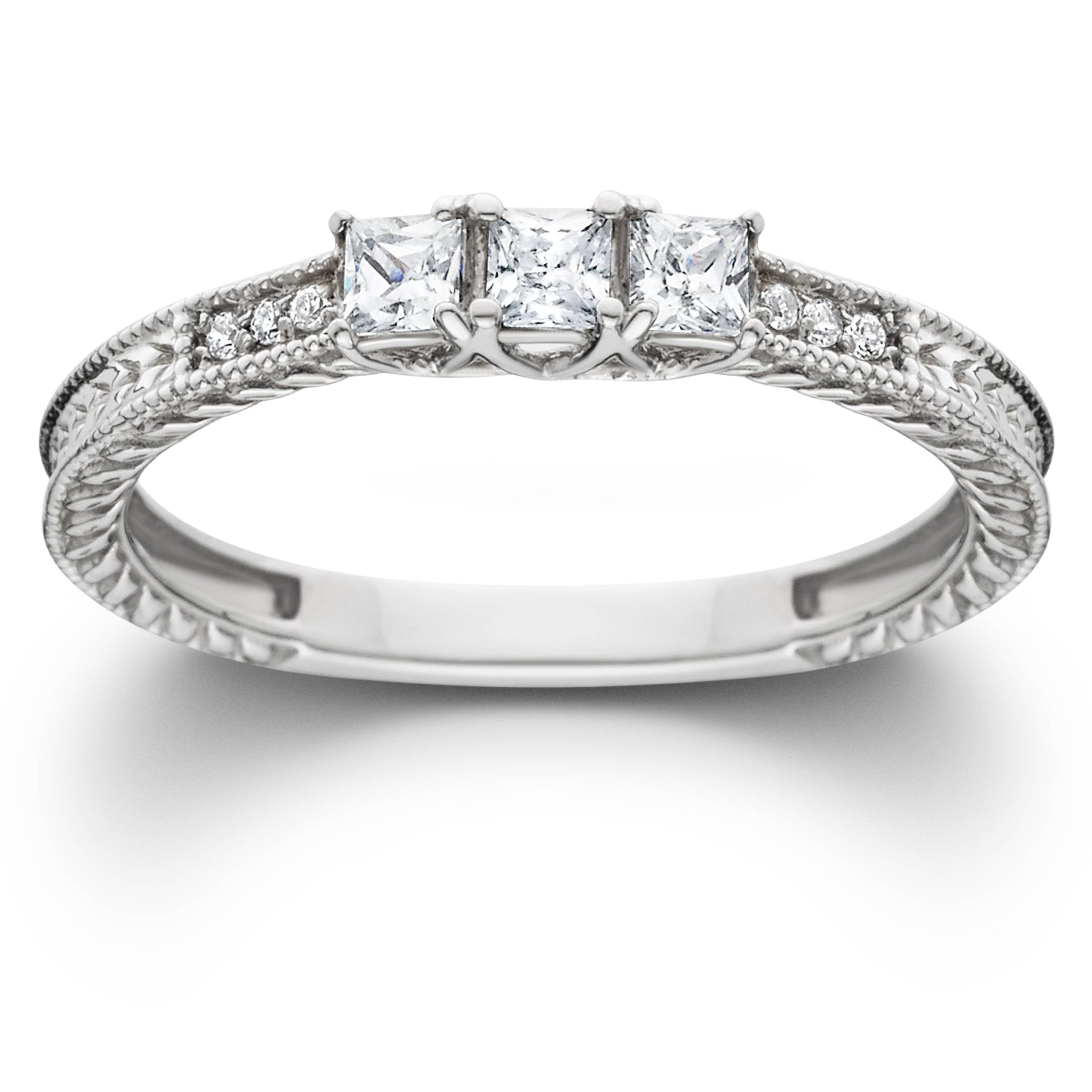 1/4ct Vintage Three Stone Princess Cut Diamond Engagement Ring 14K White Gold