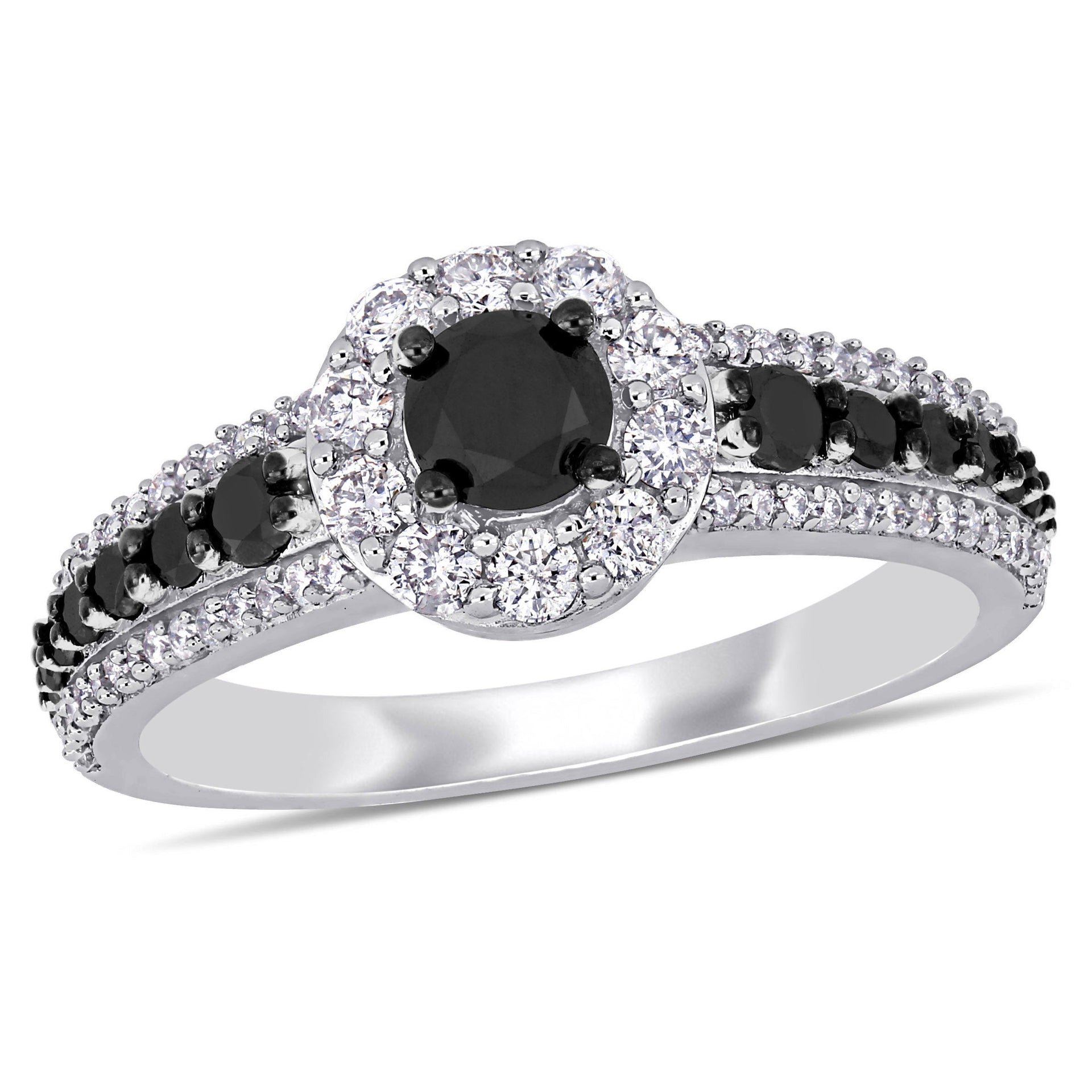 1ct TW Black and White Diamond Halo Ring in 14k White Gold with Black Rhodium