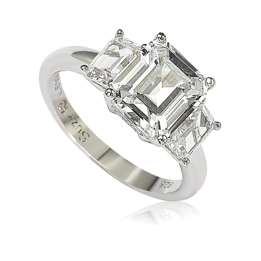 Suzy Levian Sterling Silver Emerald Cut 3.50cttw Cubic Zirconia 3-Stone Engagement Ring