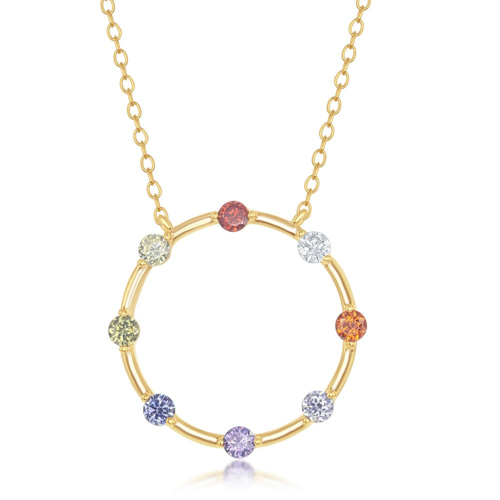 Sterling Silver Rainbow CZ Open Circle Necklace - Gold Plated