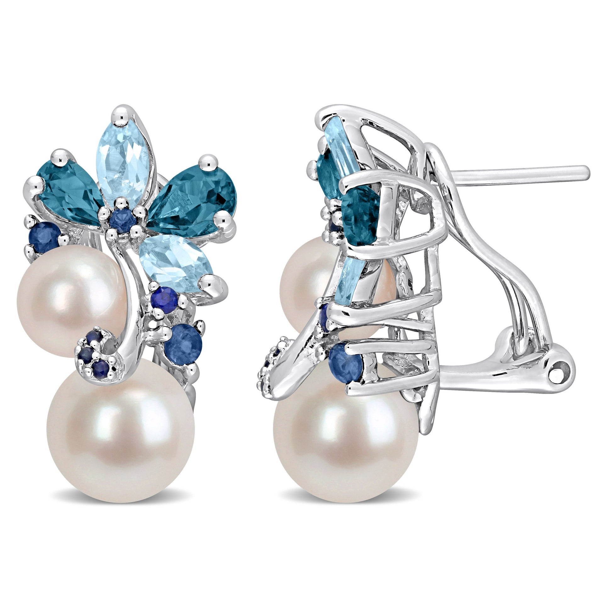 Mimi & Max 2 7/8ct TGW London and Sky Blue Topaz, Sapphire and White Cultured Freshwater Pearl Cluster Earrings in Sterling Silver